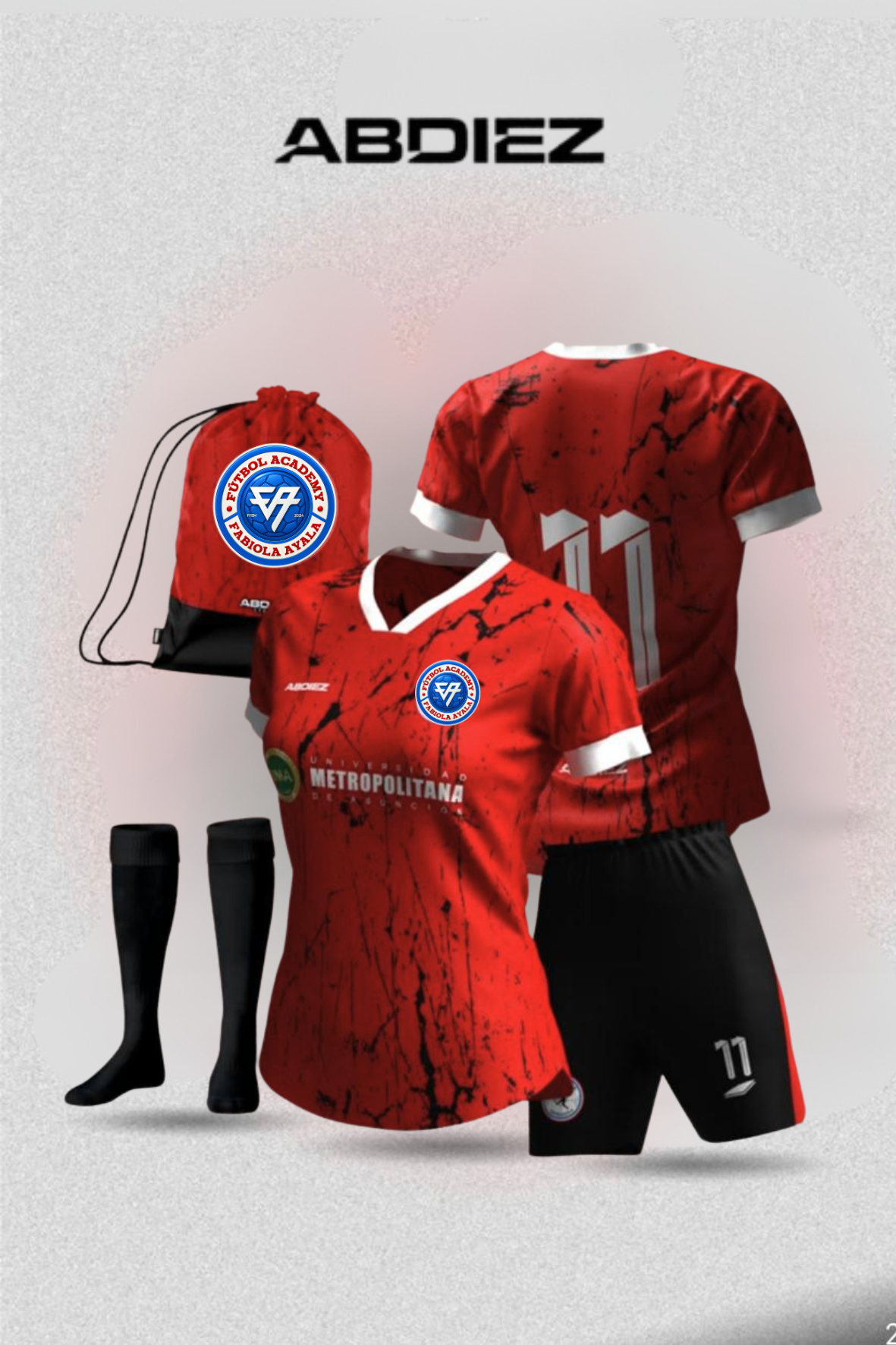 Uniforme oficial de la Academia Fabiola Ayala: camiseta roja, short negro, medias y bolso